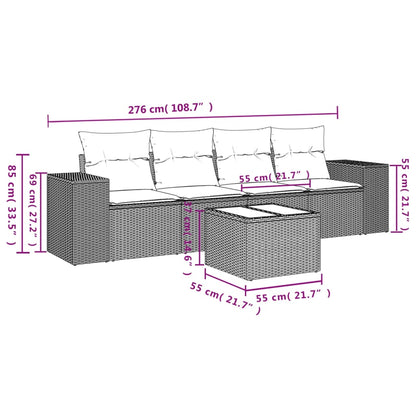5-delige Loungeset met kussens poly rattan bruin