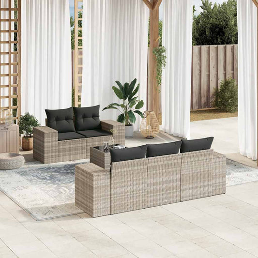 6-delige Loungeset met kussens poly rattan lichtgrijs