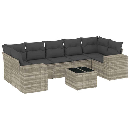 8-delige Loungeset met kussens poly rattan lichtgrijs