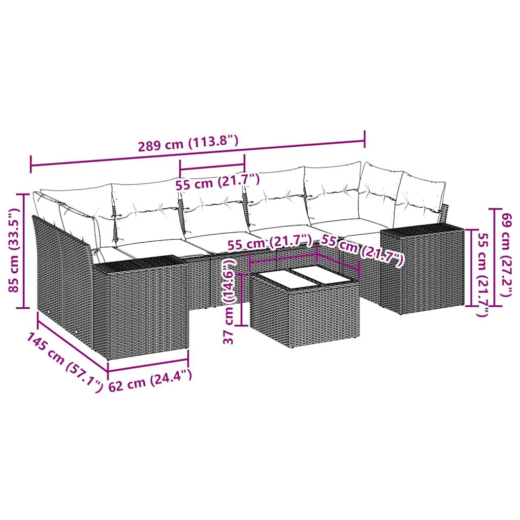 8-delige Loungeset met kussens poly rattan lichtgrijs