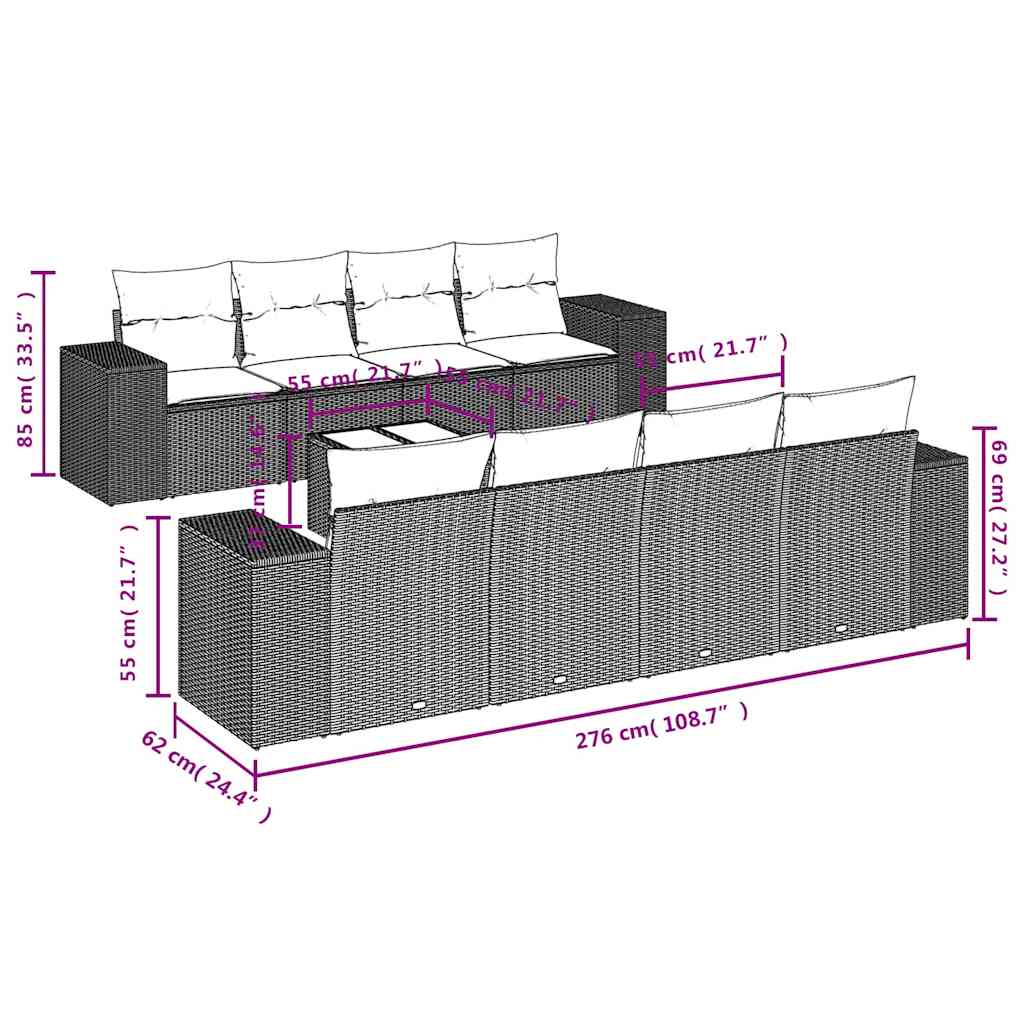 9-delige Loungeset met kussens poly rattan lichtgrijs