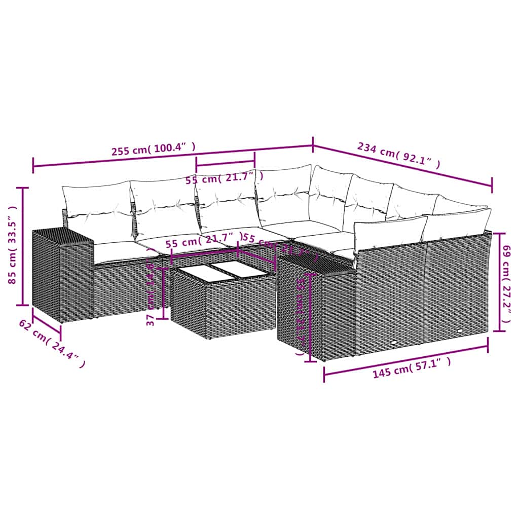 9-delige Loungeset met kussens poly rattan lichtgrijs