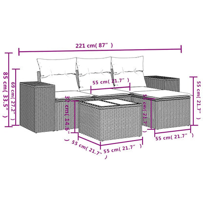 5-delige Loungeset met kussens poly rattan lichtgrijs