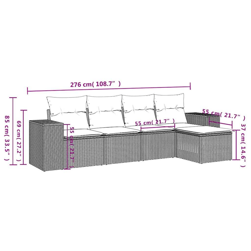 5-delige Loungeset met kussens poly rattan lichtgrijs