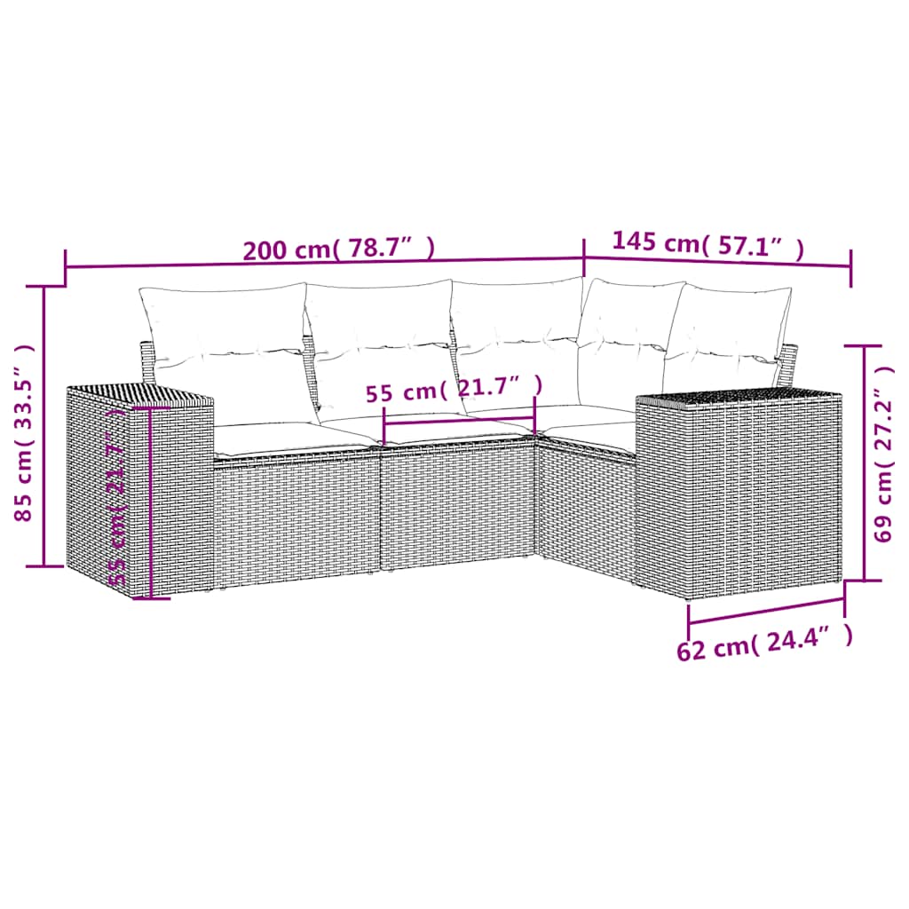 4-delige Loungeset met kussens poly rattan lichtgrijs