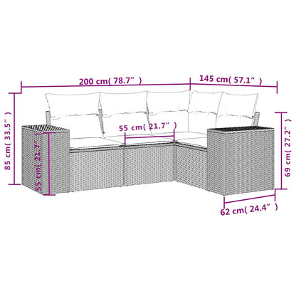 4-delige Loungeset met kussens poly rattan lichtgrijs