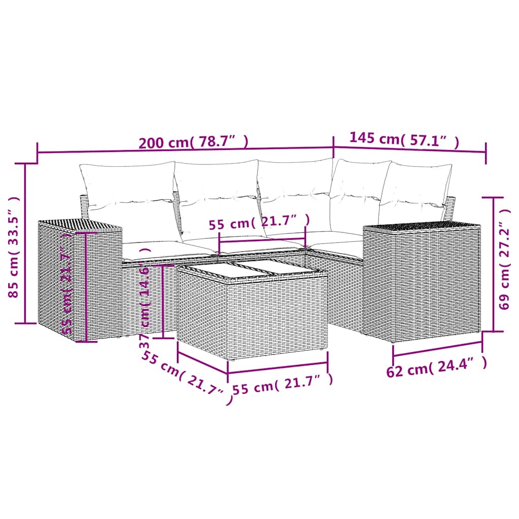 5-delige Loungeset met kussens poly rattan lichtgrijs