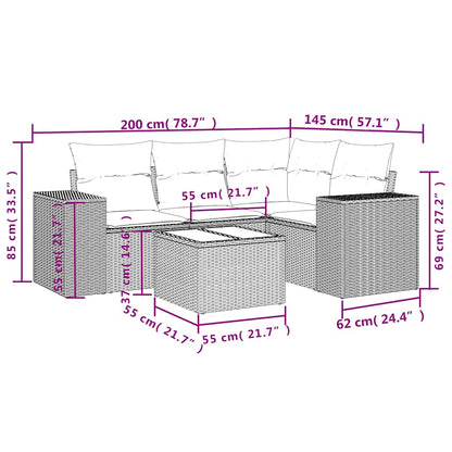 5-delige Loungeset met kussens poly rattan lichtgrijs