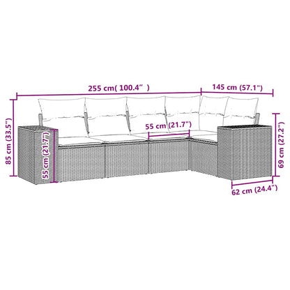 5-delige Loungeset met kussens poly rattan lichtgrijs