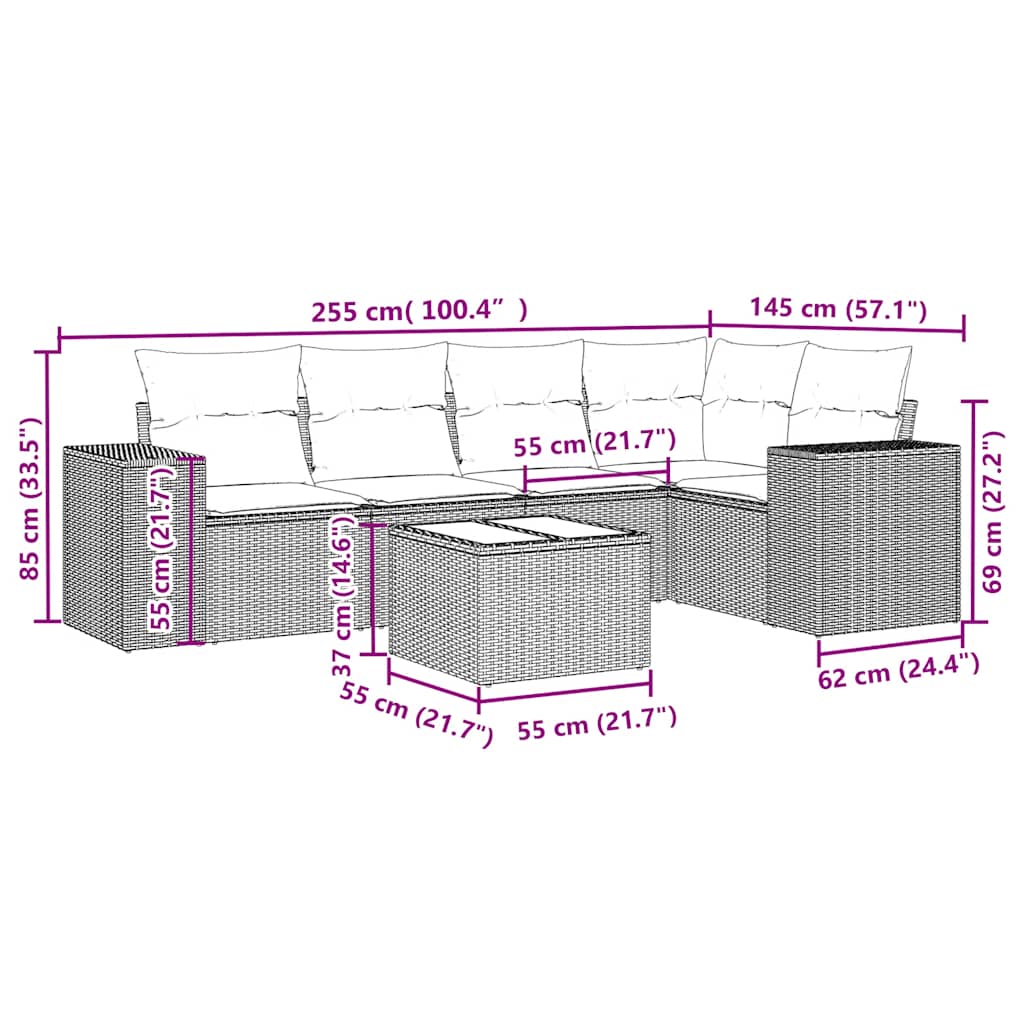 6-delige Loungeset met kussens poly rattan lichtgrijs