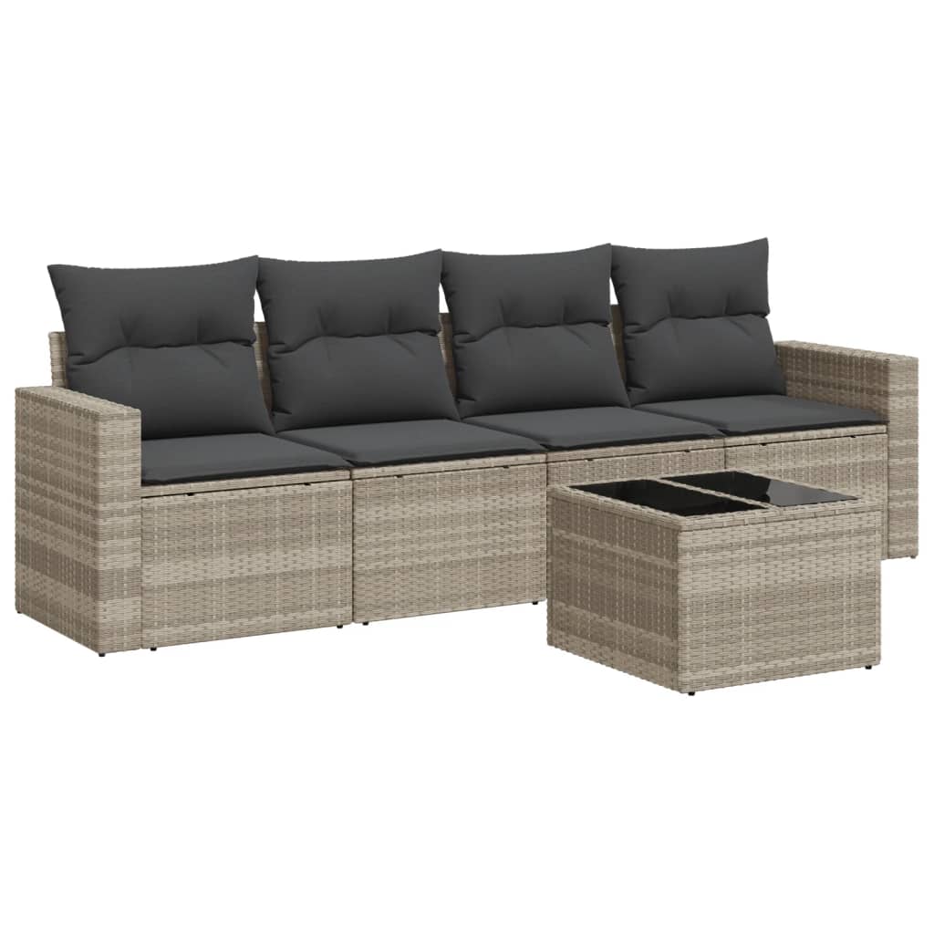 5-delige Loungeset met kussens poly rattan lichtgrijs