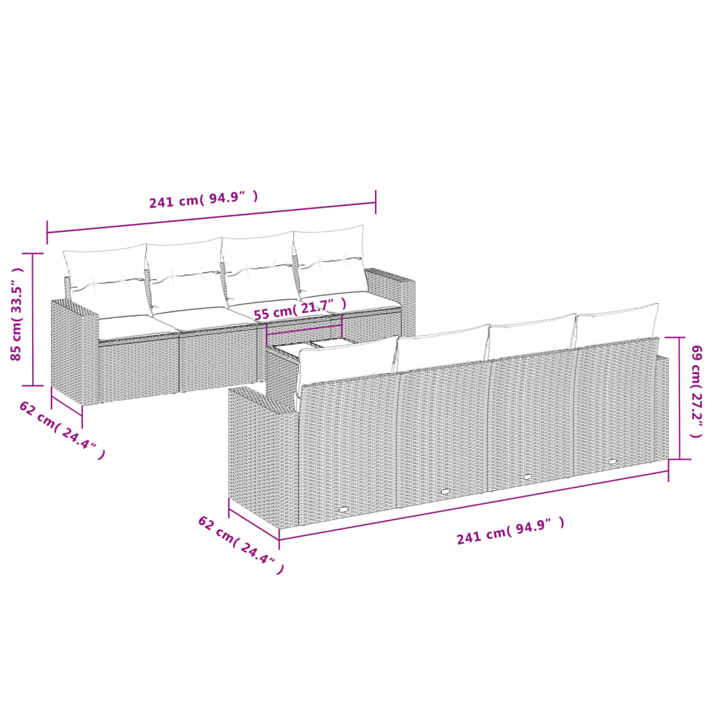 9-delige Loungeset met kussens poly rattan lichtgrijs