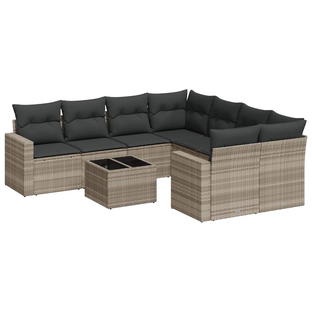 9-delige Loungeset met kussens poly rattan lichtgrijs