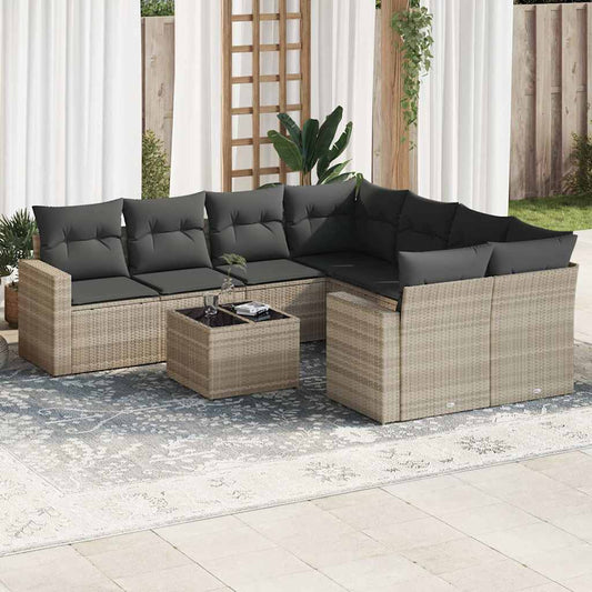 9-delige Loungeset met kussens poly rattan lichtgrijs