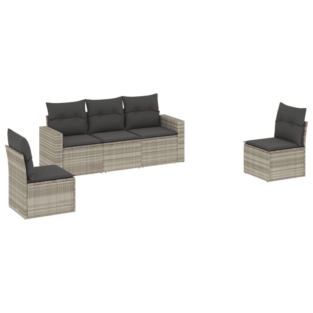 5-delige Loungeset met kussens poly rattan lichtgrijs