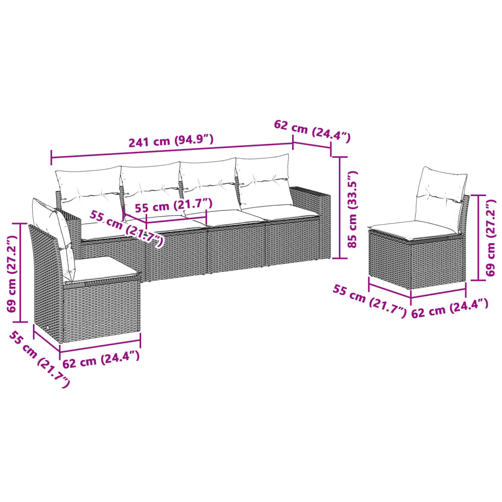 6-delige Loungeset met kussens poly rattan lichtgrijs