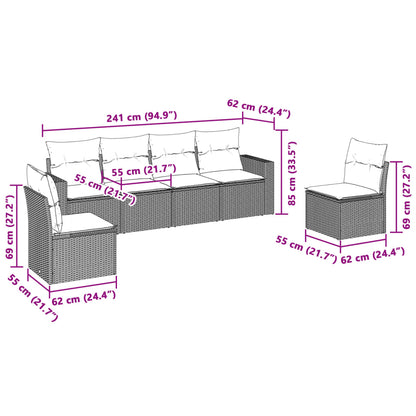 6-delige Loungeset met kussens poly rattan lichtgrijs