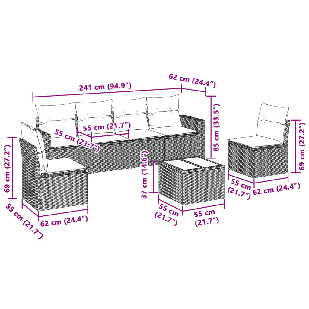 7-delige Loungeset met kussens poly rattan lichtgrijs