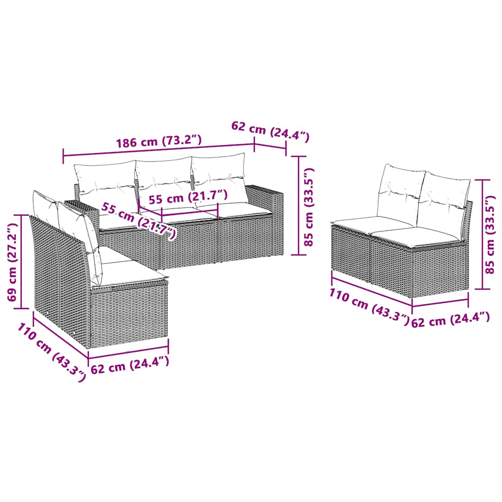 7-delige Loungeset met kussens poly rattan lichtgrijs