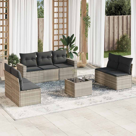 8-delige Loungeset met kussens poly rattan lichtgrijs