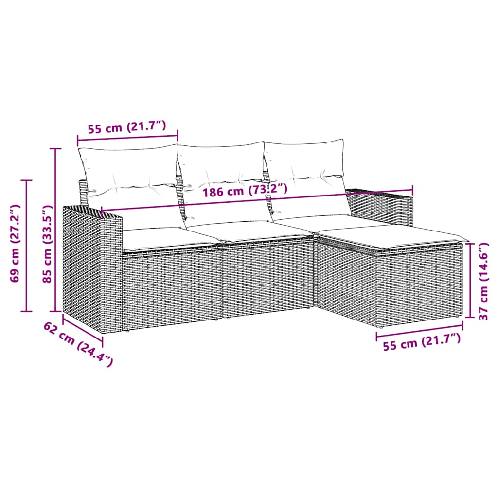 4-delige Loungeset met kussens poly rattan lichtgrijs