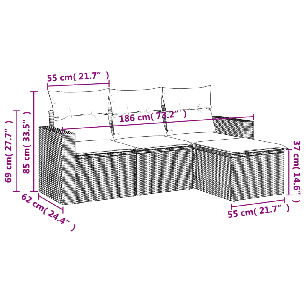 4-delige Loungeset met kussens poly rattan bruin