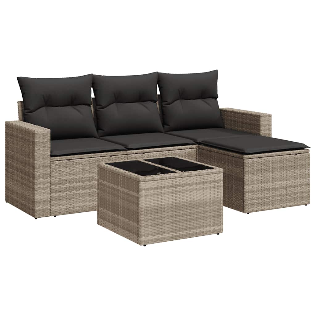 5-delige Loungeset met kussens poly rattan lichtgrijs