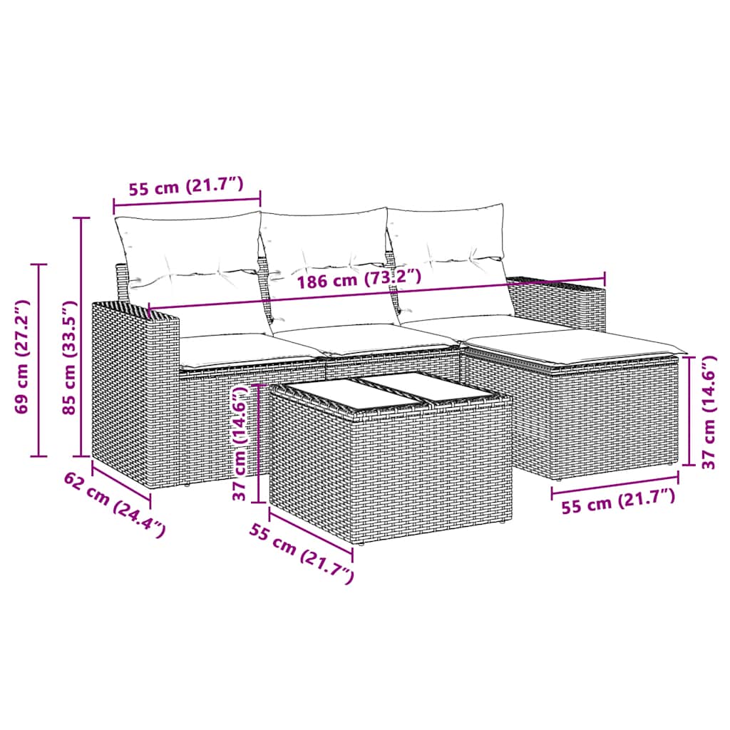 5-delige Loungeset met kussens poly rattan lichtgrijs