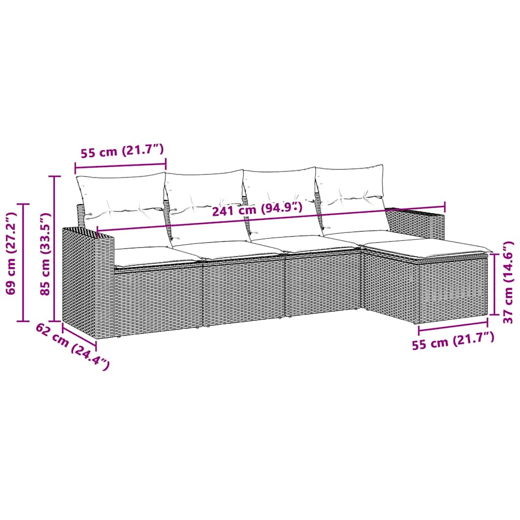 5-delige Loungeset met kussens poly rattan lichtgrijs