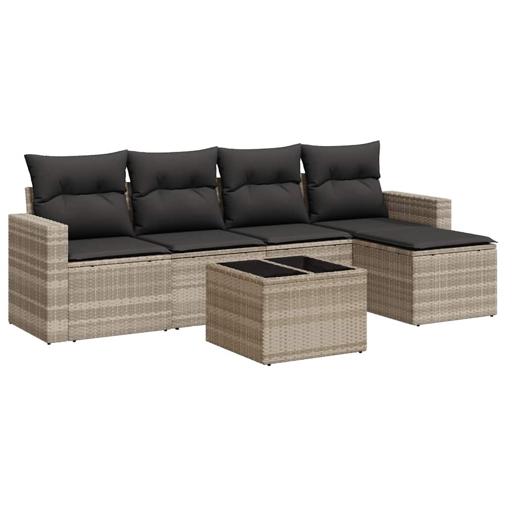6-delige Loungeset met kussens poly rattan lichtgrijs