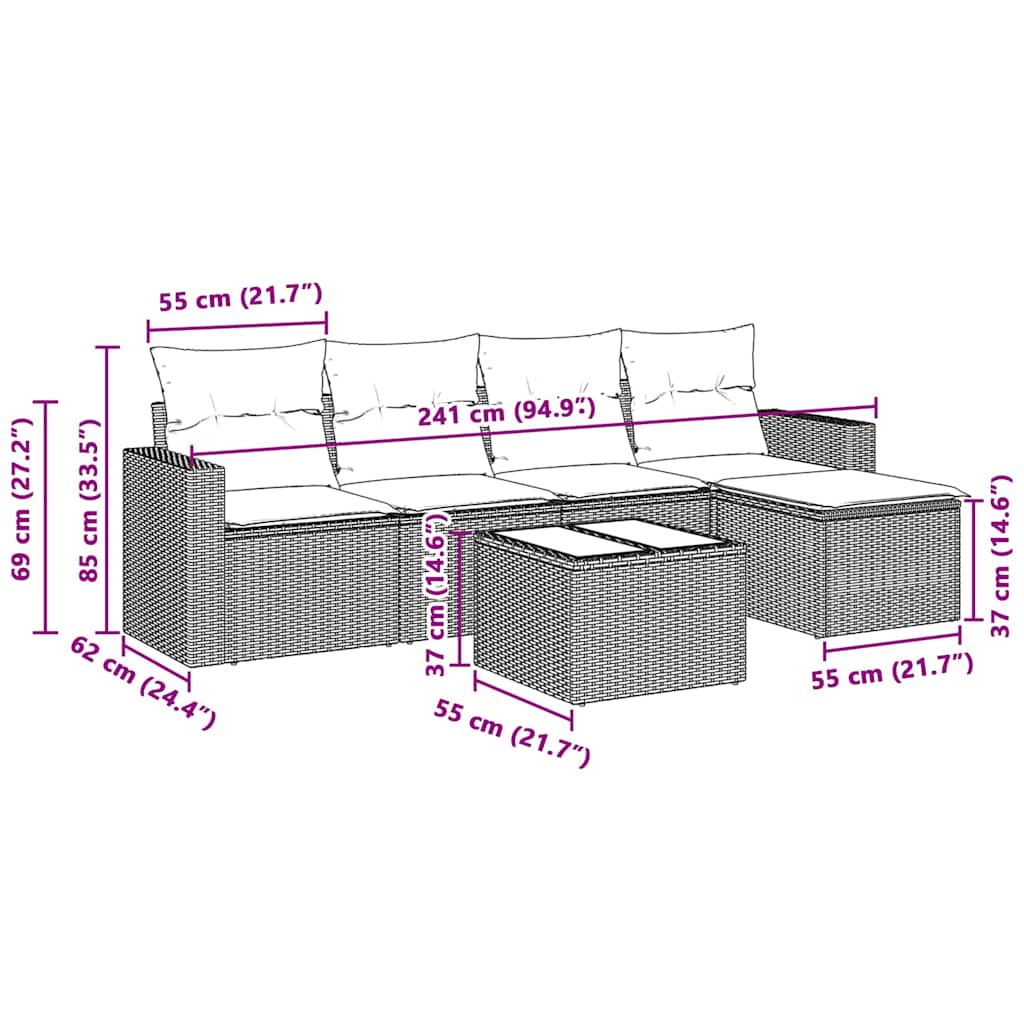6-delige Loungeset met kussens poly rattan lichtgrijs