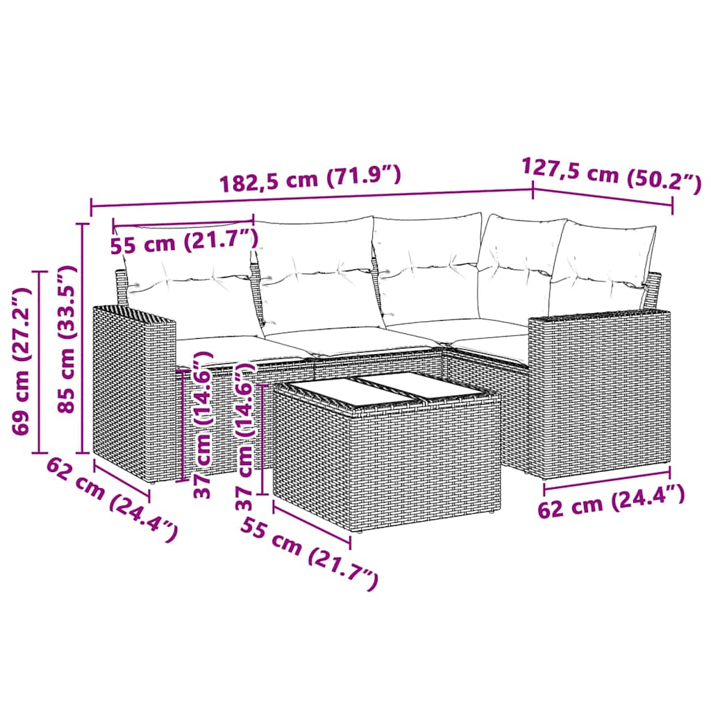 5-delige Loungeset met kussens poly rattan lichtgrijs