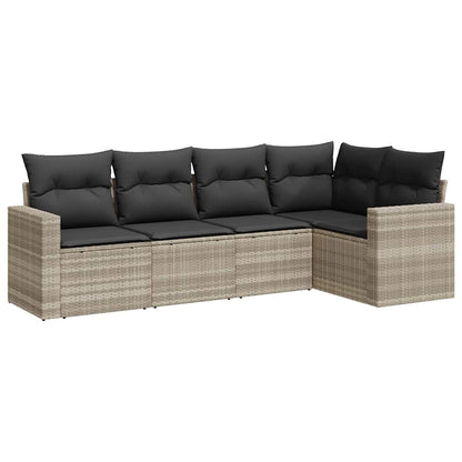 5-delige Loungeset met kussens poly rattan lichtgrijs