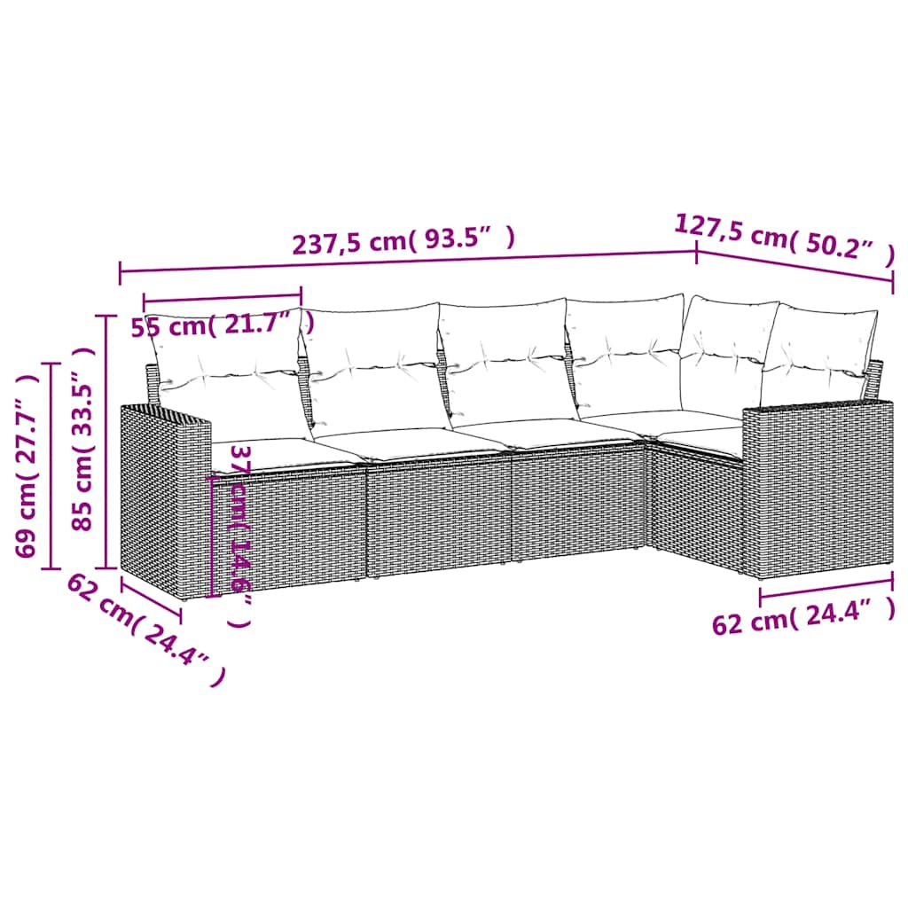 5-delige Loungeset met kussens poly rattan lichtgrijs