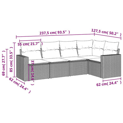 5-delige Loungeset met kussens poly rattan lichtgrijs