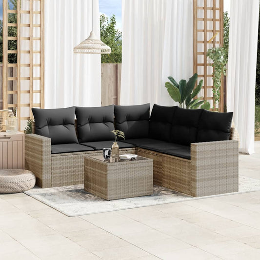 6-delige Loungeset met kussens poly rattan lichtgrijs