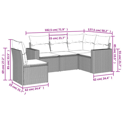 5-delige Loungeset met kussens poly rattan lichtgrijs