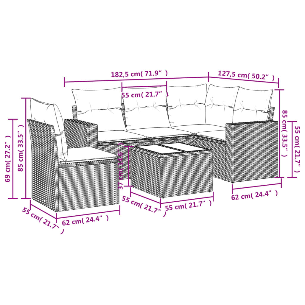 6-delige Loungeset met kussens poly rattan lichtgrijs