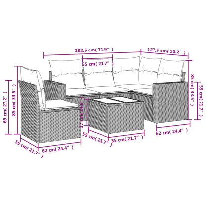 6-delige Loungeset met kussens poly rattan bruin