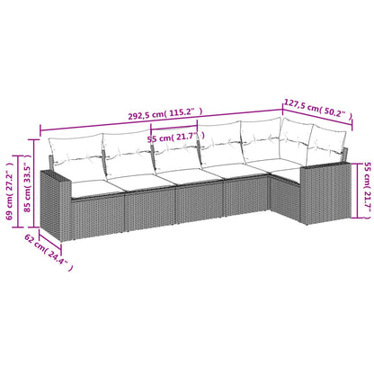 6-delige Loungeset met kussens poly rattan bruin