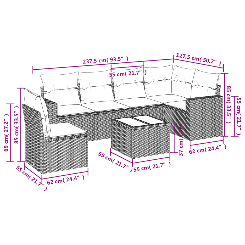 7-delige Loungeset met kussens poly rattan lichtgrijs