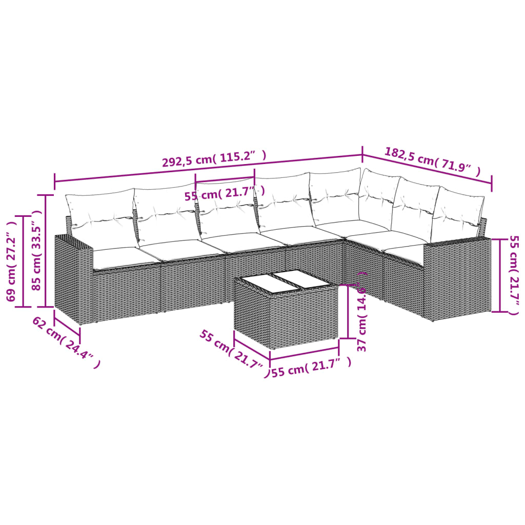 8-delige Loungeset met kussens poly rattan lichtgrijs