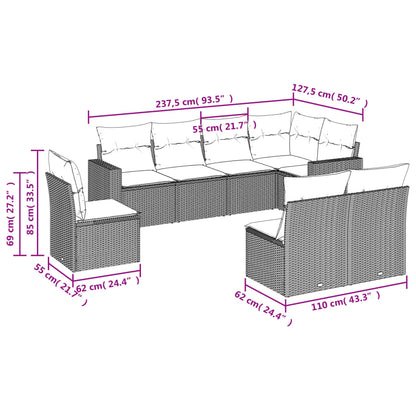 8-delige Loungeset met kussens poly rattan lichtgrijs