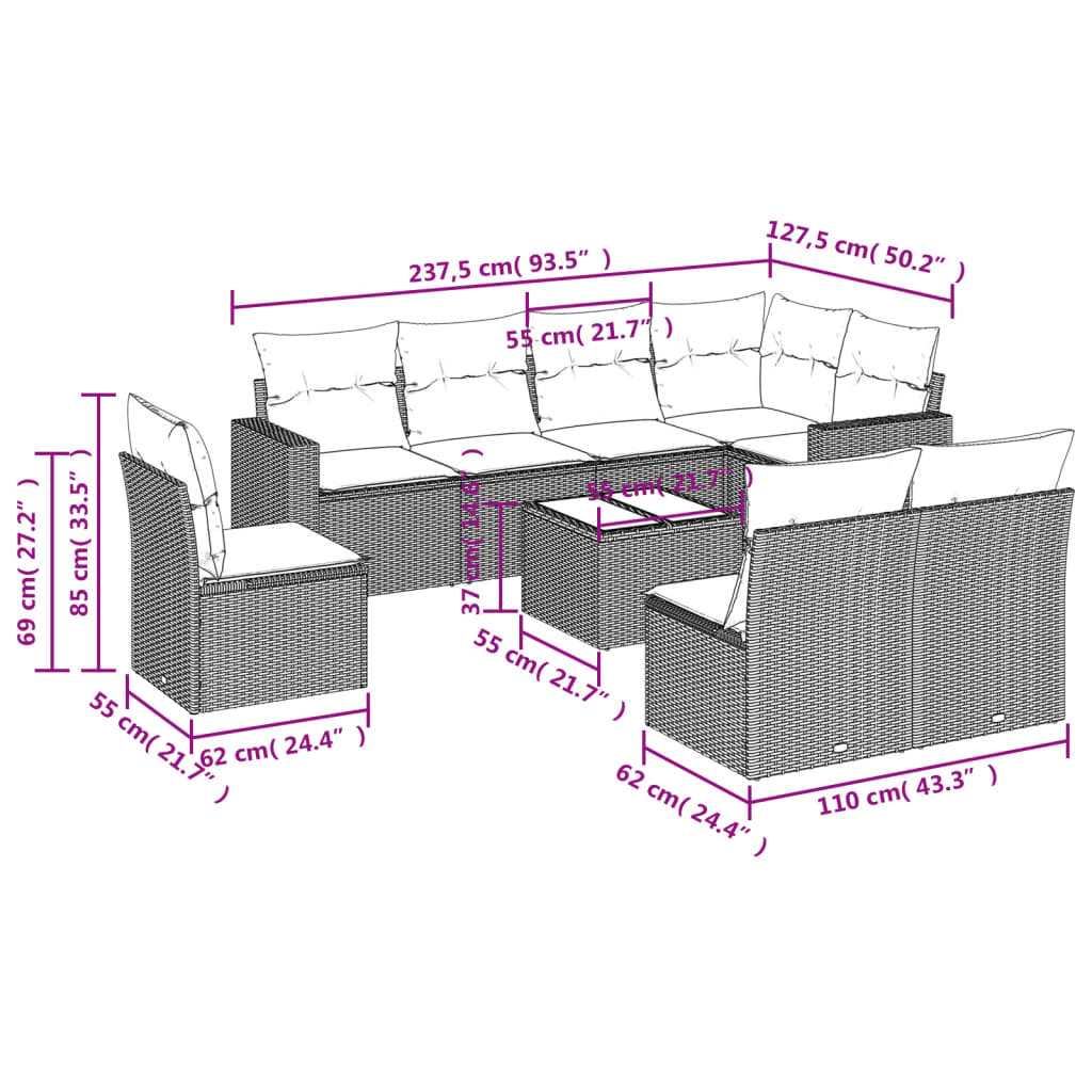9-delige Loungeset met kussens poly rattan lichtgrijs