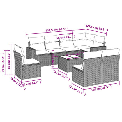 9-delige Loungeset met kussens poly rattan lichtgrijs