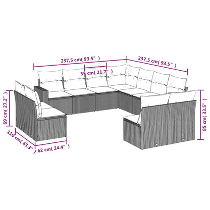 11-delige Loungeset met kussens poly rattan lichtgrijs