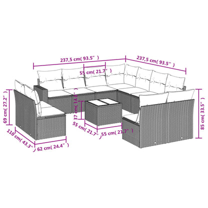 12-delige Loungeset met kussens poly rattan lichtgrijs