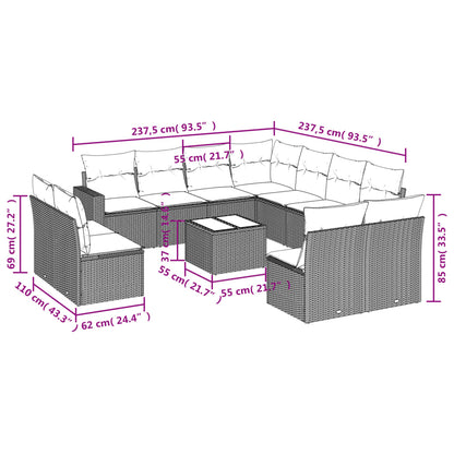 12-delige Loungeset met kussens poly rattan bruin