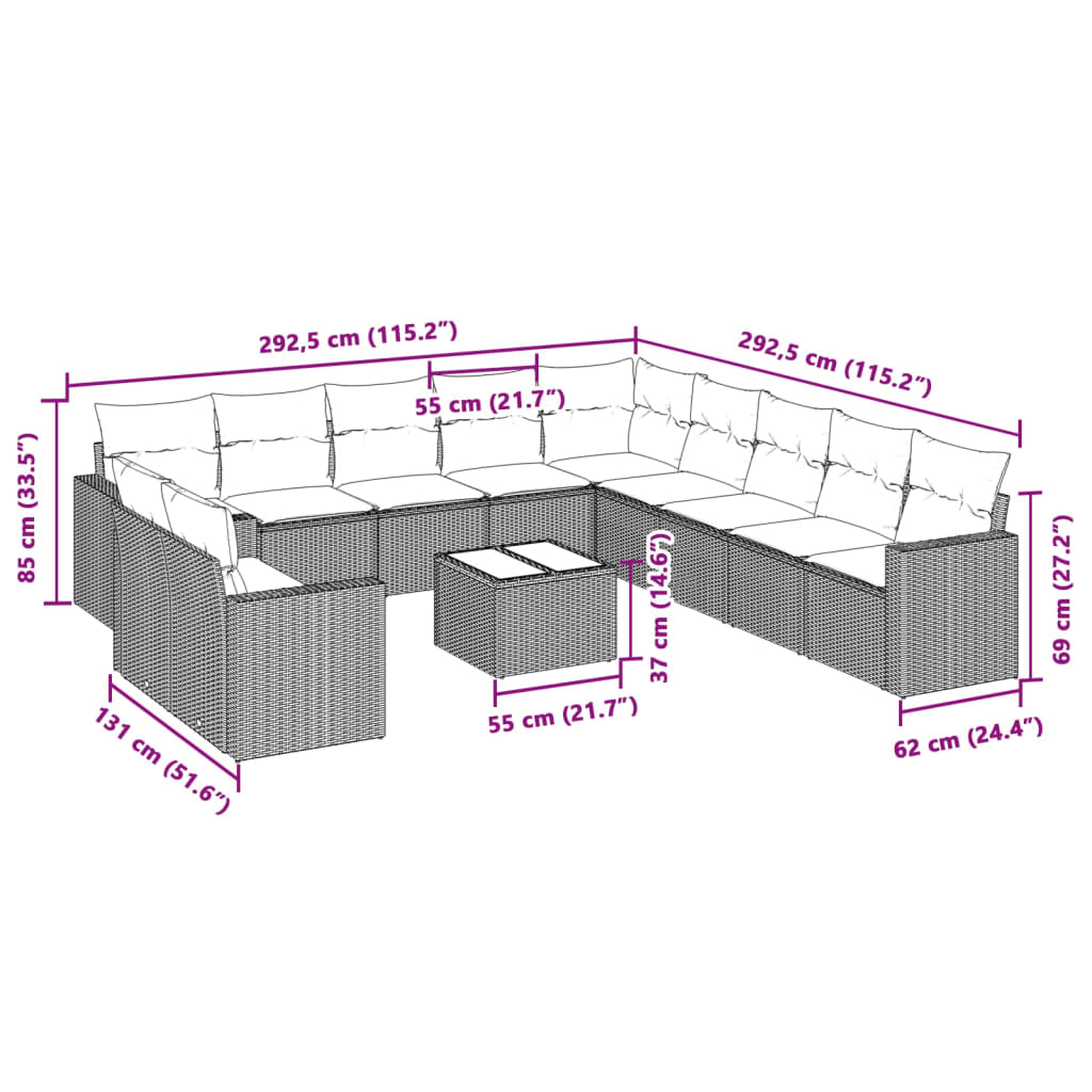 12-delige Loungeset met kussens poly rattan lichtgrijs