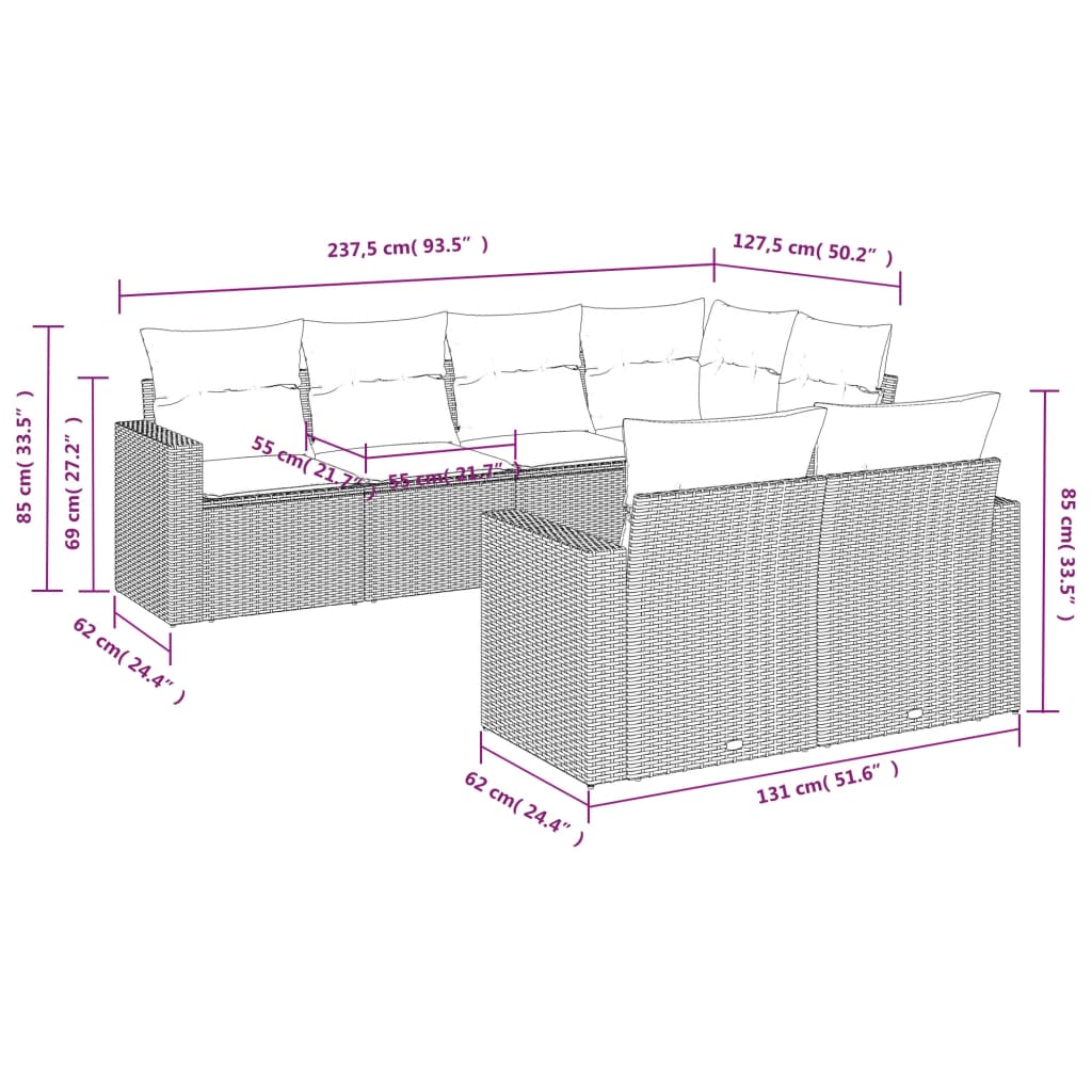 7-delige Loungeset met kussens poly rattan lichtgrijs